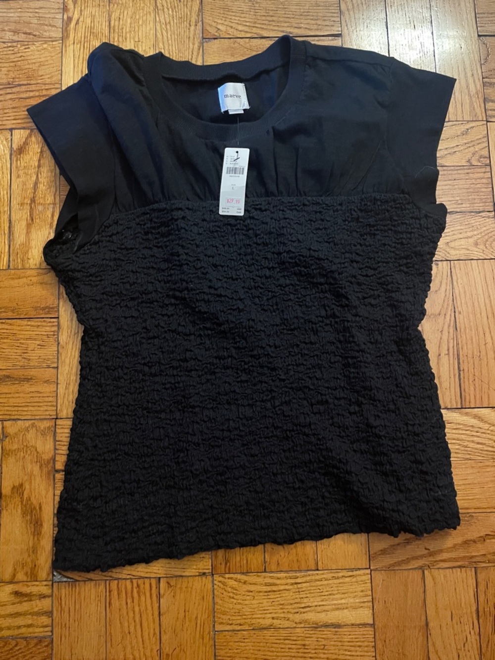 Anthropologie Maeve Smocked Muscle Top - Black- size L - NWT